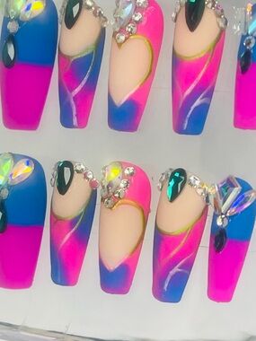 Neon Pink & Blue Crystal Heart Coffin Handmade Press-On Nails